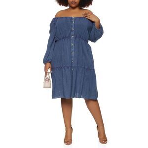NWT MLLE GABRIELLE Hand Dyed Off The Shoulder Faux Denim Dress Size 2X